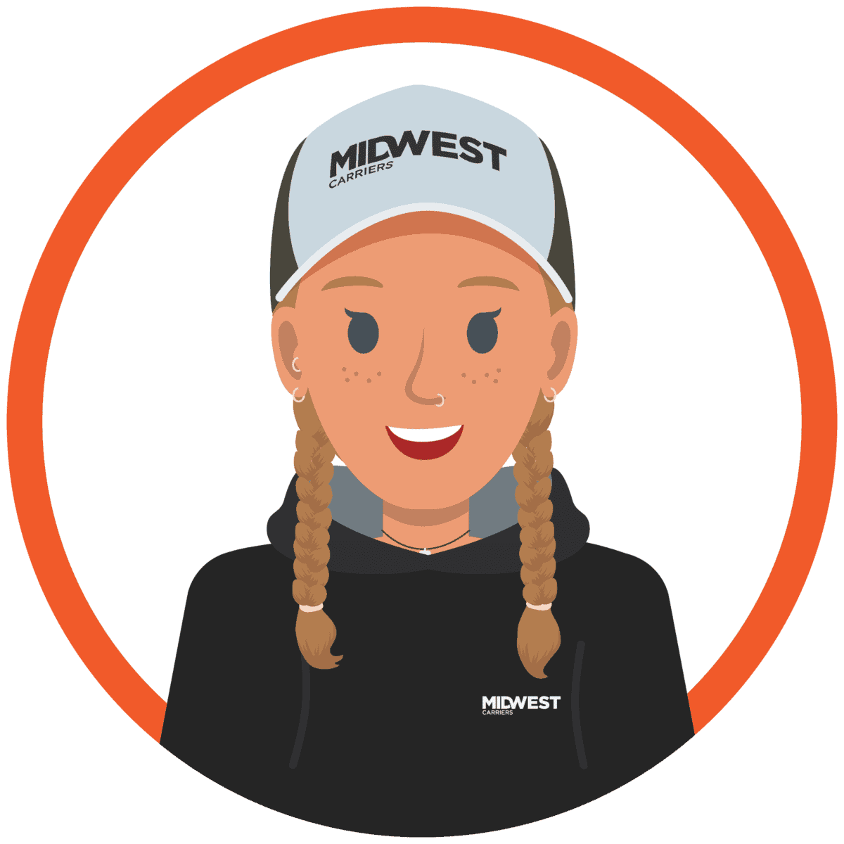 An illustration of a woman wearing a Midwest Carriers baseball cap and sweatshirt. She has two braids on either side of her face and is smiling. She is framed within an outline of a red circle.